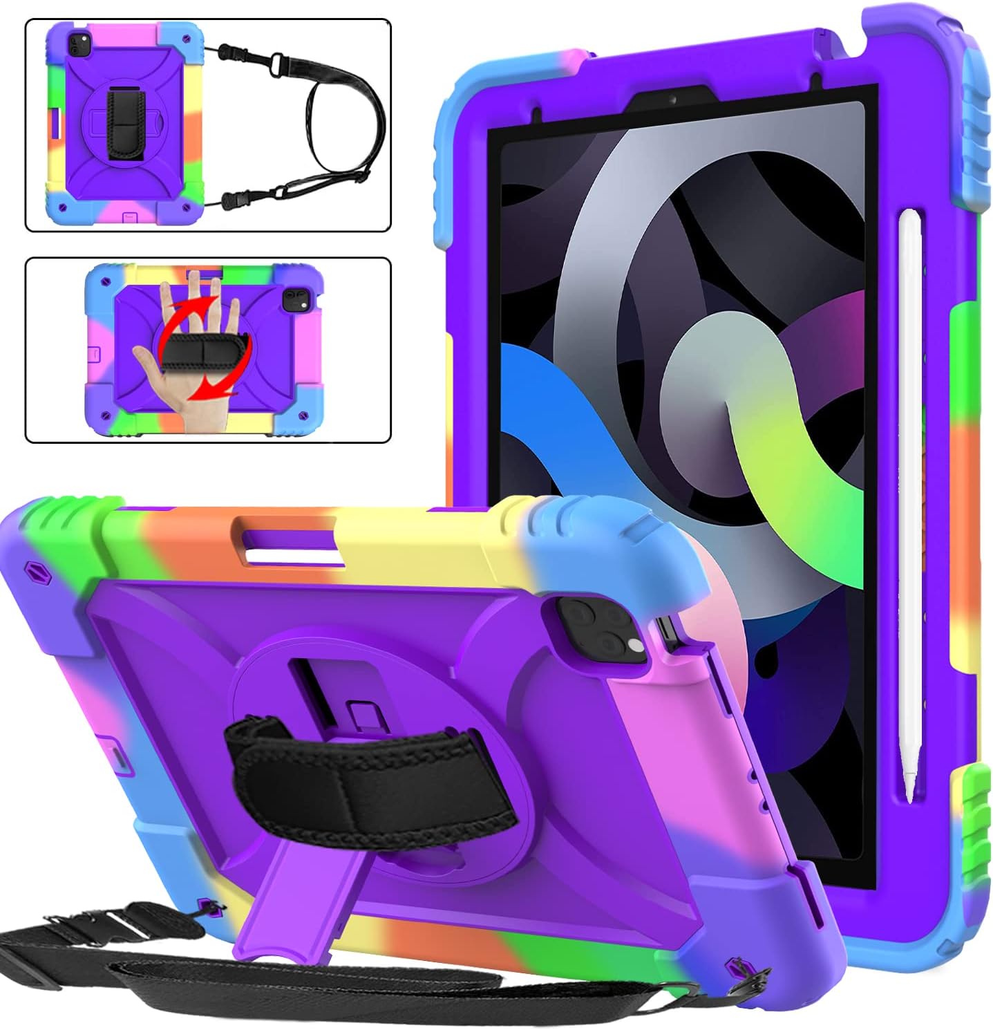 BMOUO iPad Air 5th/4th Generation Case (10.9”, 2022/2020), iPad Pro 11 Case 2022/2021/2020, Shockproof [360 Rotating Stand] [Hand Strap] [Pencil Holder] Kids Case for iPad Air 5/4,iPad Pro 11”, Purple