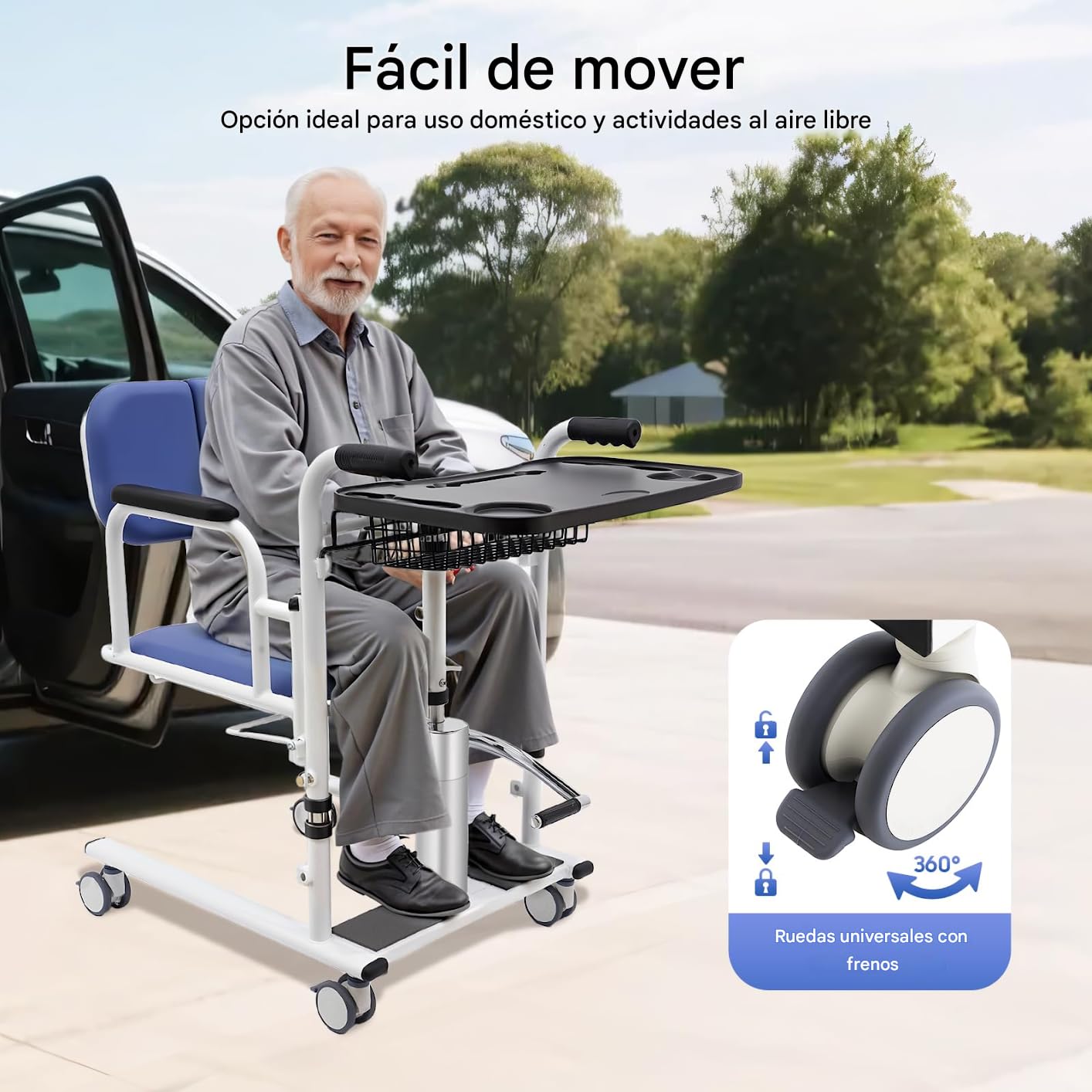 Silla elevadora hidráulica para pacientes, plegable 180°, altura ajustable, capacidad de carga de 150 kg, silla de ruedas multifunción con ruedas de freno, para personas mayores y discapacitadas