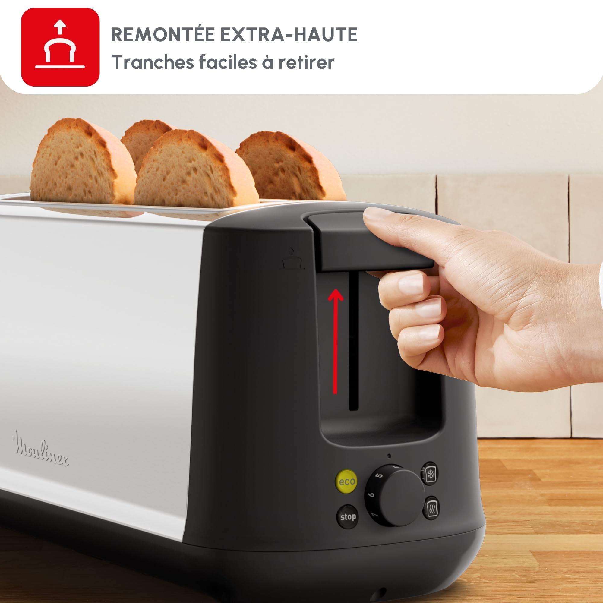 Moulinex Grille-pain 2 fentes longues, Largeur variable, 7 niveaux de dorage, Fonction Arrêt, Mode éco, Décongélation, Réchauffage, Tiroir ramasse-miettes, Subito Select Inox, LS342D10