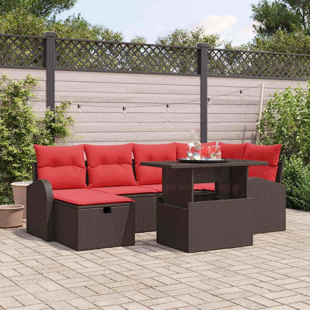 Salon de Jardin Modulable 7 Pièces en Résine Tressée Marron, Ensemble de Canapé d'Extérieur avec Table Réglable en Hauteur, Structure en Acier et Bois d'Acacia, Capacité 6 Personnes