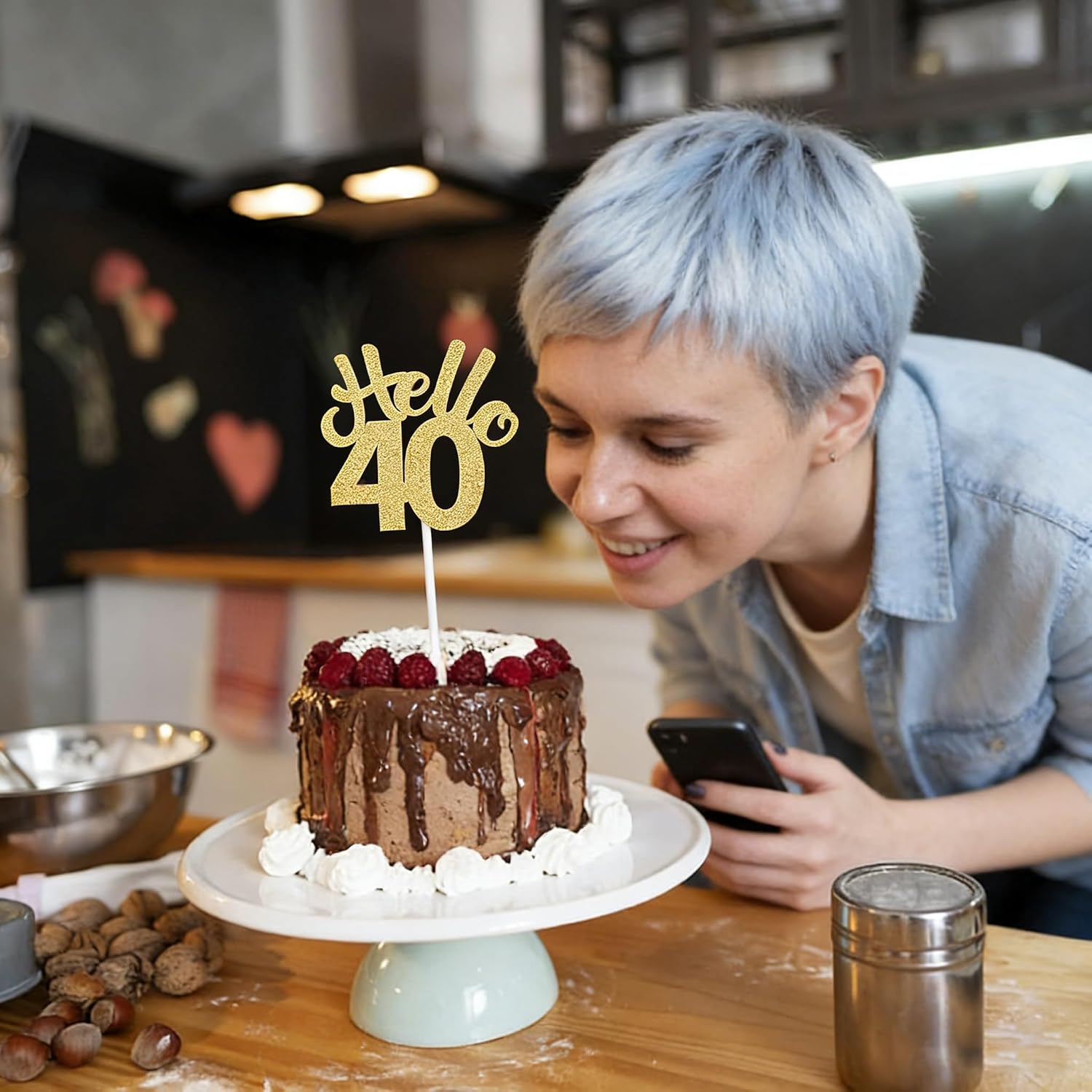 "40th Birthday Cake Topper - Gold Glitter "Hello 40" Sign with Upgraded Anti-Falling Design, Non-Edible Cake Decoration for Women Men, Party Supplies
