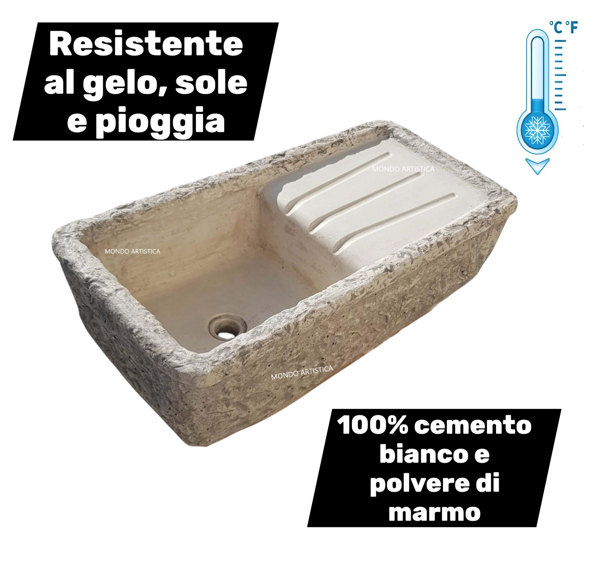 Lavandino Da Esterno, Lavabo Per Giardino, Pilozzo Con Vasca E Gocciolatoio, Fontana Altezza 22 cm, Larghezza 80x40 Cm, In Cemento Bianco E Polvere Di Marmo, Colore Sfumato Grigio, Mondo artistica
