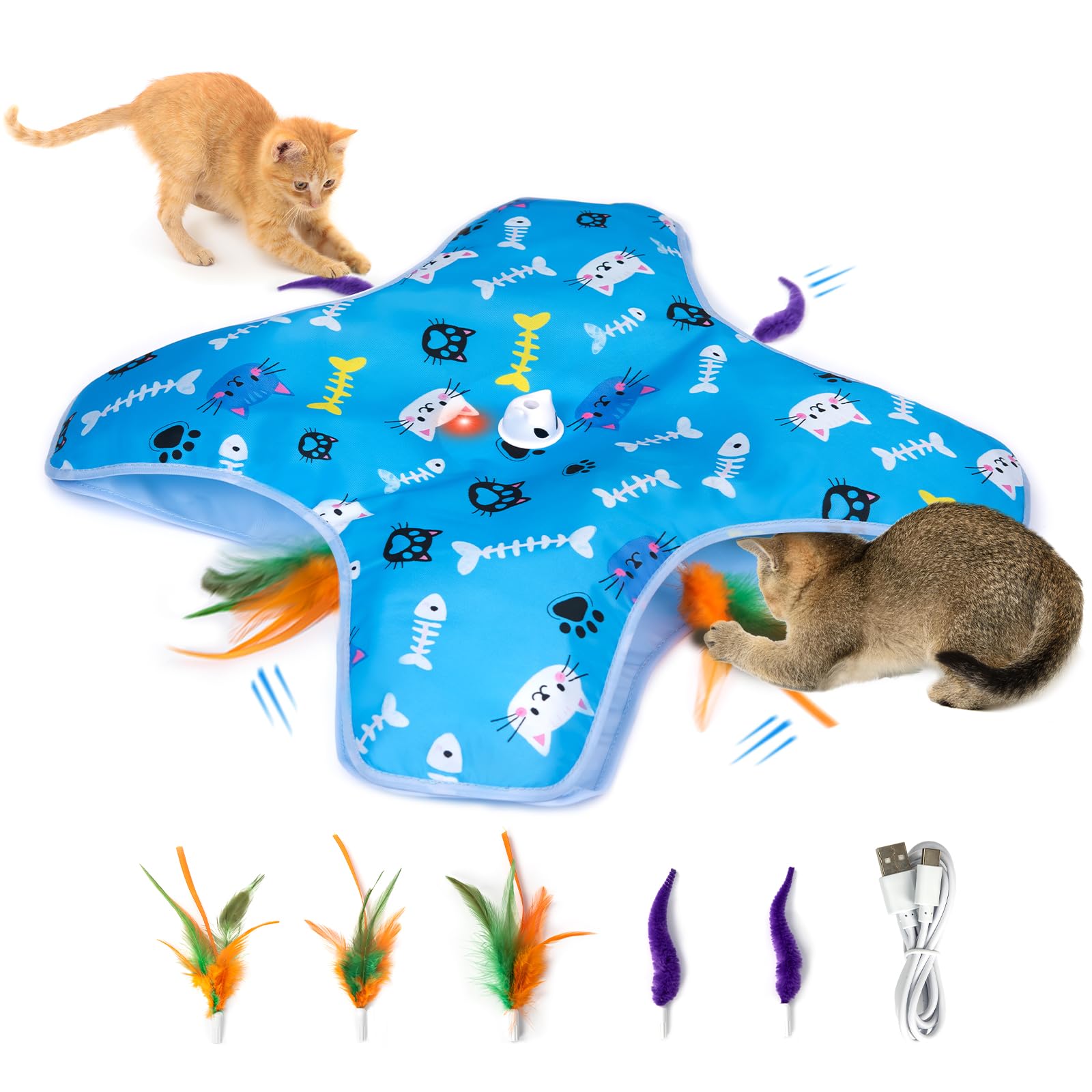 Interactive Cat Toy - Automatic Cat Toys Rechargeable for Indoor - Hide&Seek Cats Toy with 5 Moving Concealed Feathers - Touch Kitten Toy Exercise -