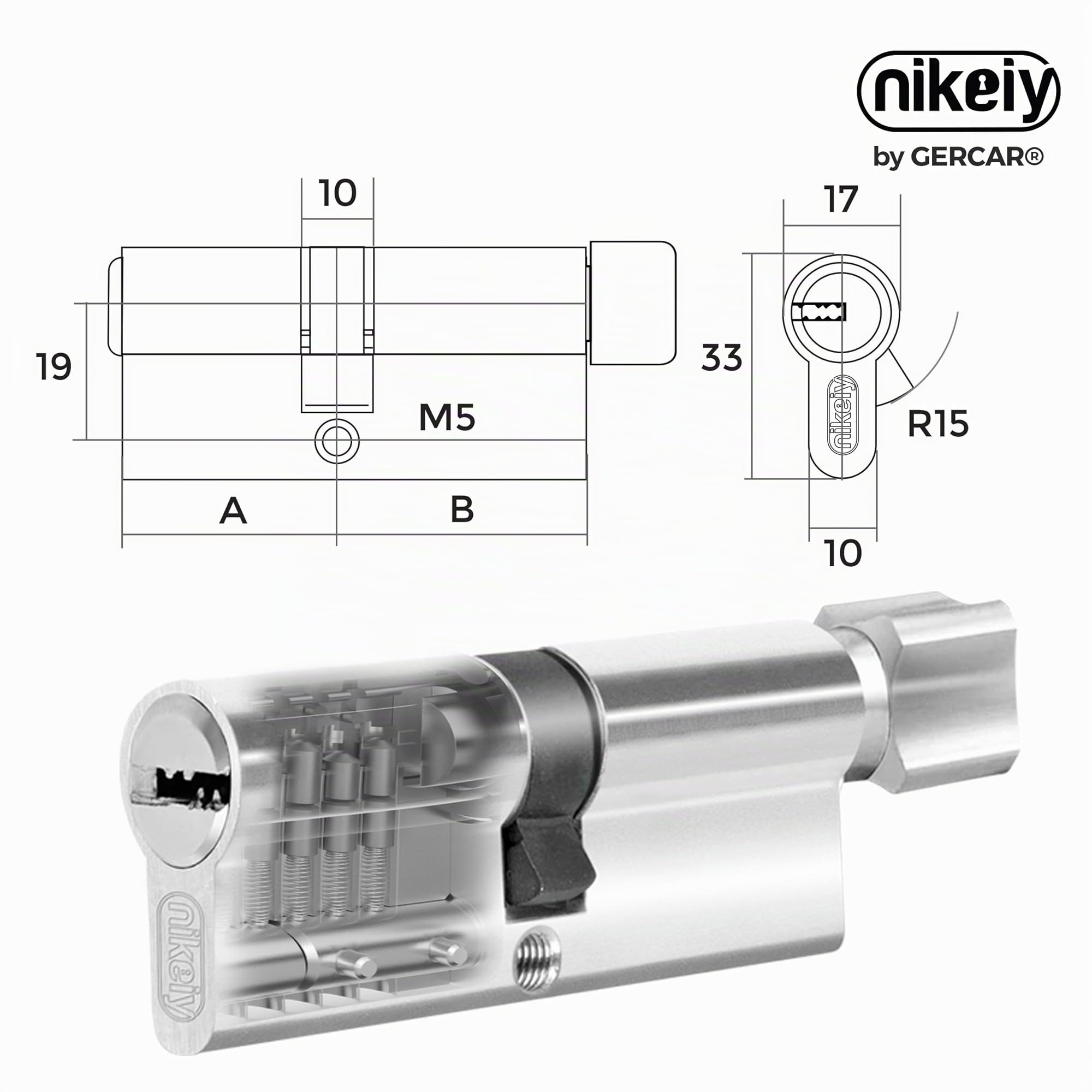GERCAR Knaufzylinder 30/30 Schließzylinder 4er Set Gleichschließend Zylinderschloss Türschloss - inkl. 10 Schlüssel - Länge: 60 mm, A:30 B:30-4er Set