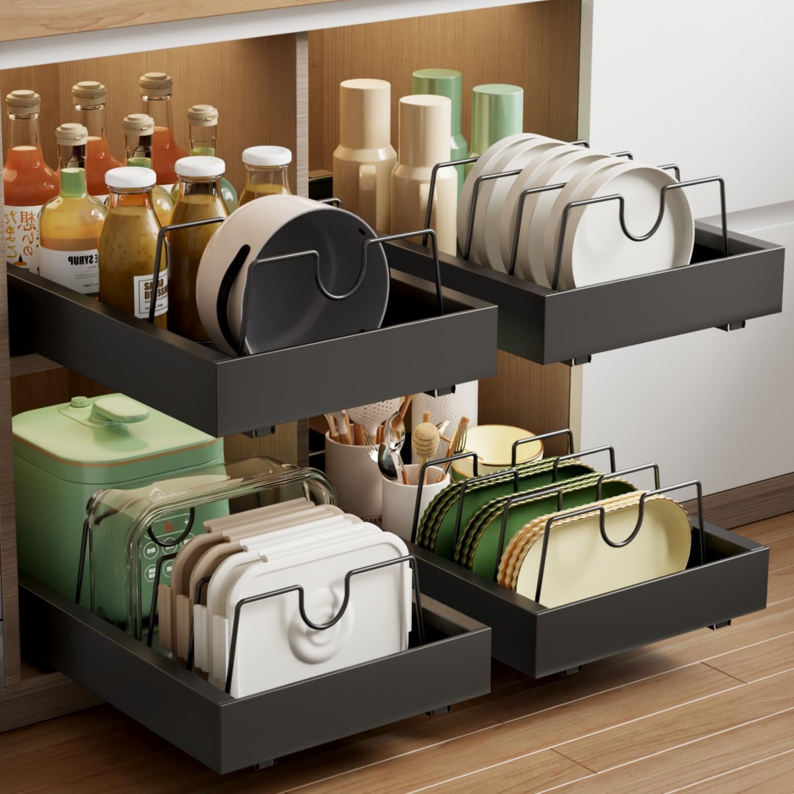Mustorn 2 Pack Pull Out Cabinet Organizer with 8 Dividers,21.8" Deep Slide Out Drawers for Cabinets Adhesive Pull Out Drawers Heavy Duty Pull Out Shelves for Kitchen, Cupboard, Pantry, Bathroom-Black