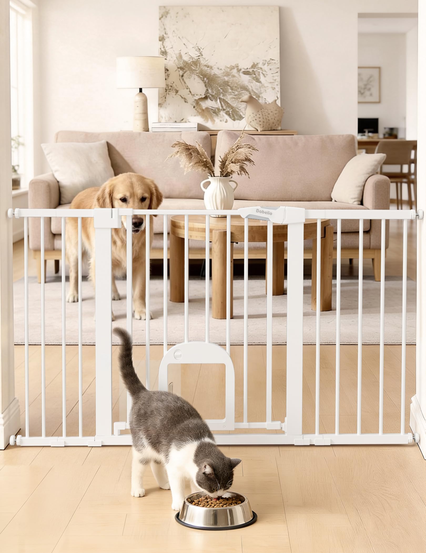 Photo 1 of Babelio Baby Gate with Cat Door, CatPrivilege ?, Extra Wide 29-55" Cat Gate, 30" Tall Pressure Mounted Safety Gate for Large Openings, Stairs & Doorways, Auto Close, White
