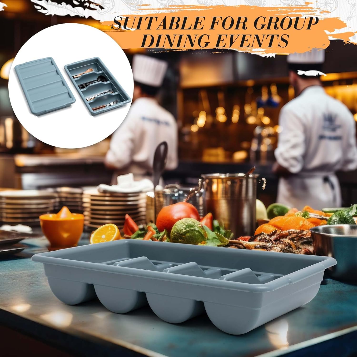 Maxdot 4 Pcs 20.5 x 11.9 x 3.7 Inch Silverware Organizer with Lid, Commercial 4-compartment Restaurant Kitchen Cutlery Tray, Plastic Silverware Storage Container, Condiments Holder (Grayish Blue)