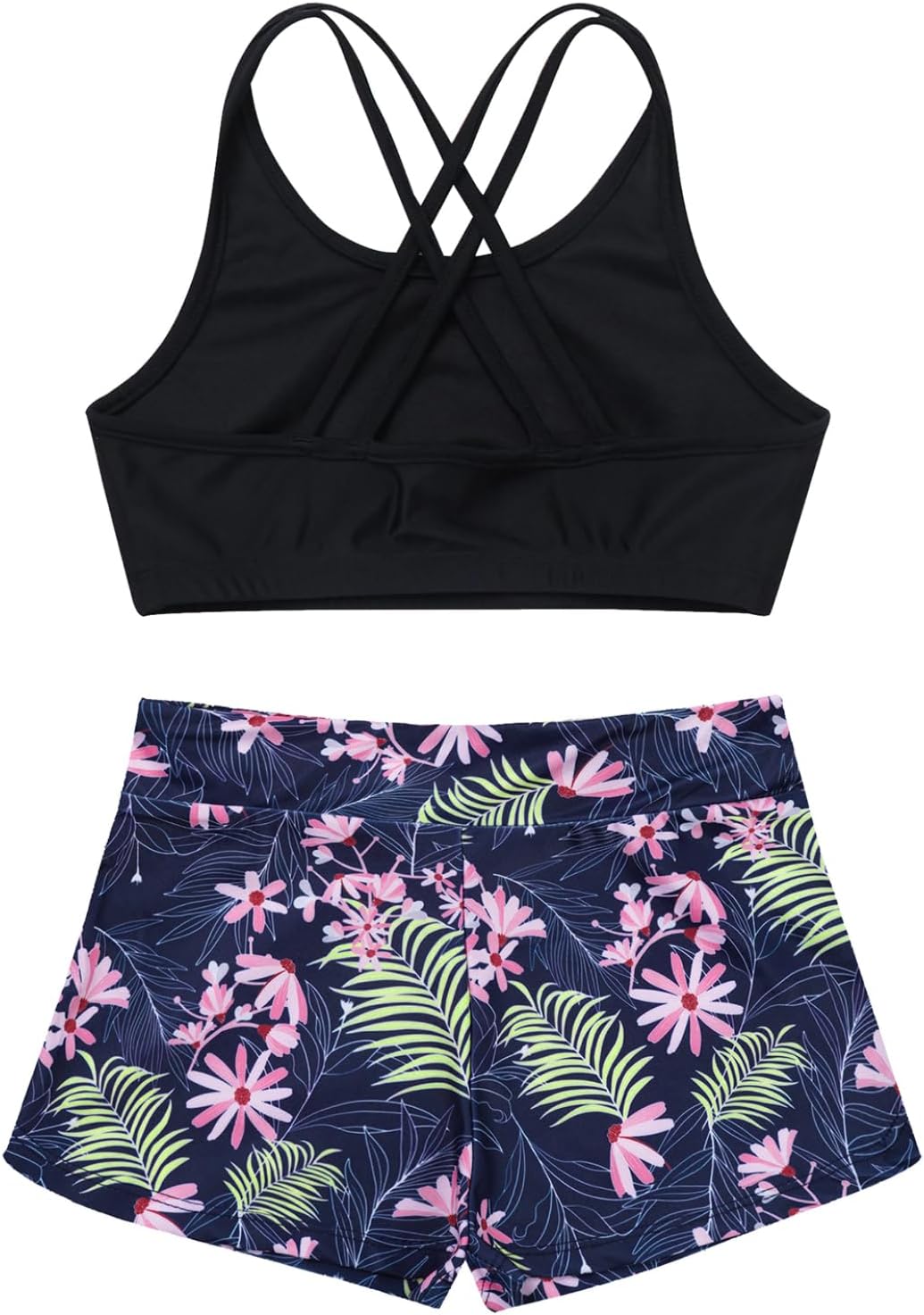 Kids Sport Dance Two Piece Swimsuits Floral Print Criss Cross Back Tops Boyshort Bottom Tankini Set Swimwear