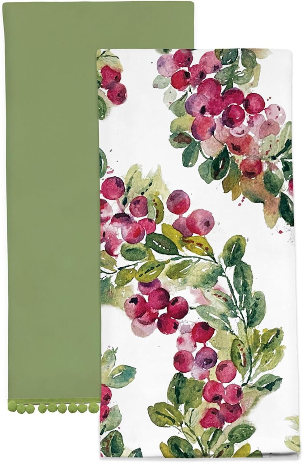 Boston International Dish Towel Set of Two Cotton Tea Towels, 28" x 18", Holly & Berries
