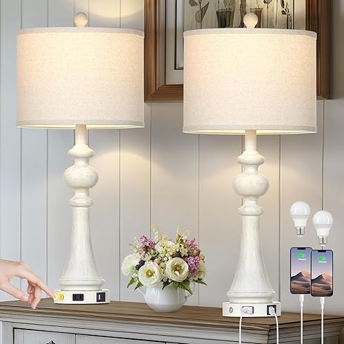 Miniatura 17 de Farmhouse Lamps Set of 2, Antique Vintage Rustic Touch Control Table Lamps with USB A+C Ports & AC Outlet, Retro Classic Bedside Nightstand Lamp for