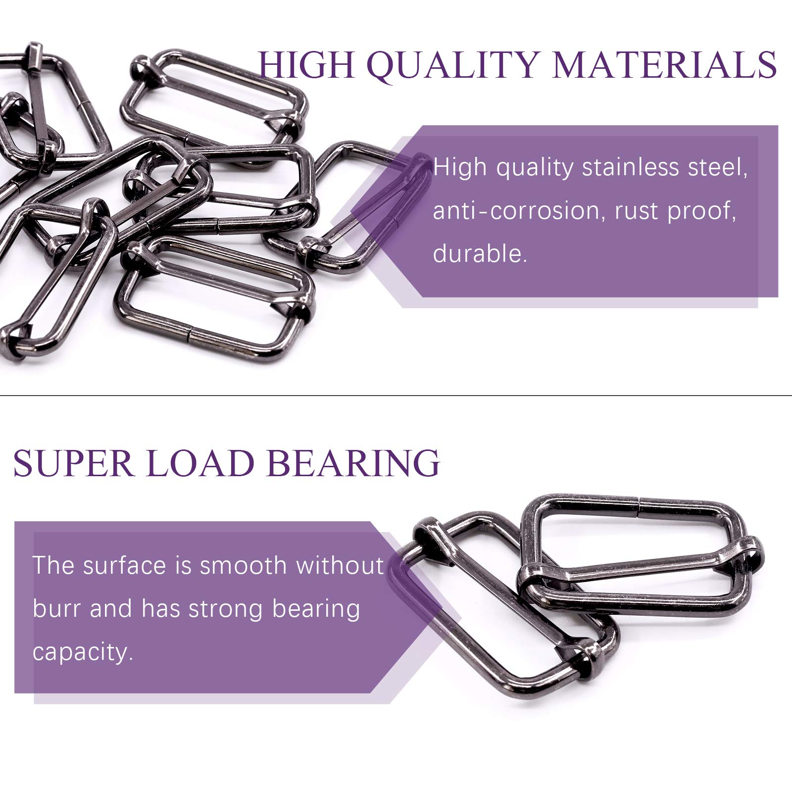 Swpeet 60Pcs 1/2 Inch, 13mm Gun-Black Metal Rings Rectangle Adjuster Triglides Slides Buckle - Image 3