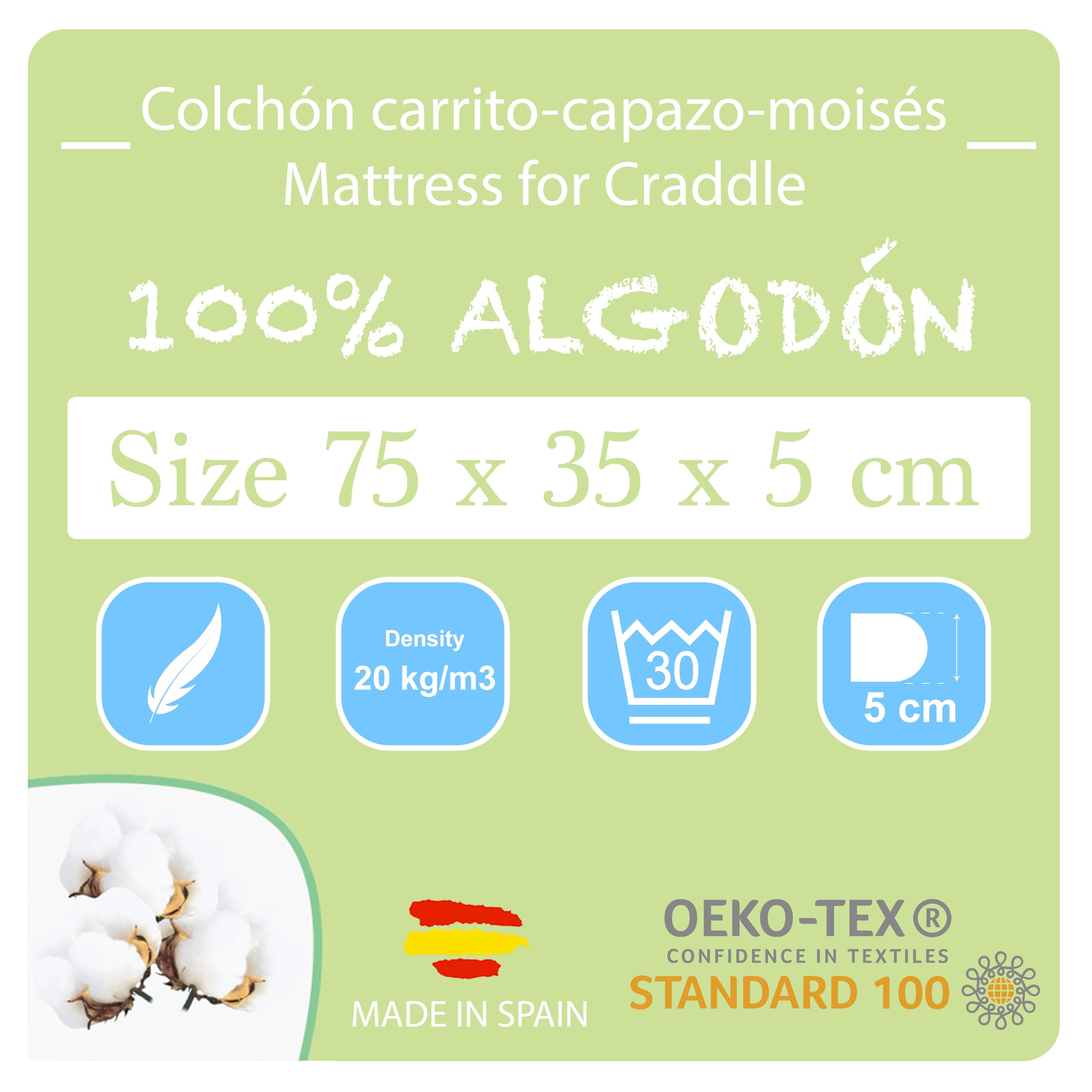 PEKITAS Colchón Ovalado Transpirable Capazo Moises Carrito 75x35x5 cm Funda 100% Algodón Lavable