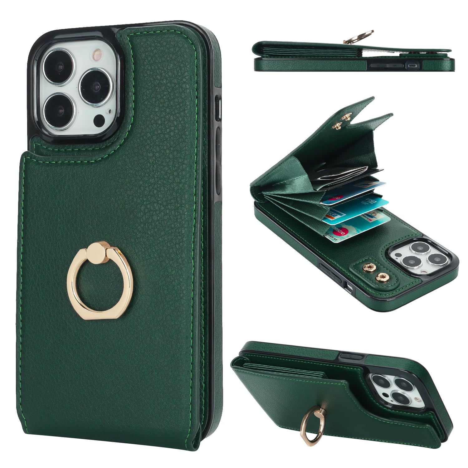 Folosu Compatible with iPhone 13 Pro Max Case Wallet with Card Holder, 360°Rotation Finger Ring Holder Kickstand Protective RFID Blocking PU Leather