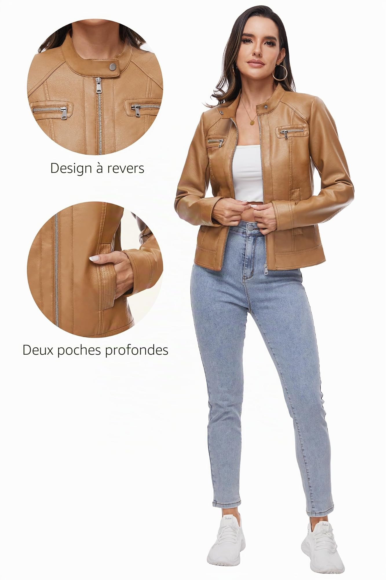 Fahsyee Veste de moto en cuir synthétique avec fermeture éclair pour femme, camel, Large