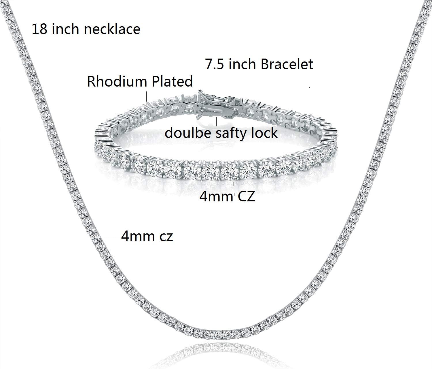 MDFUN Tennis Necklace Bracelet Jewelry Sets 18K White Gold Plated 4mm Round Cubic Zirconia Bracelet and Necklace Sets for Women and Men (18 inch & 7.5 inch)