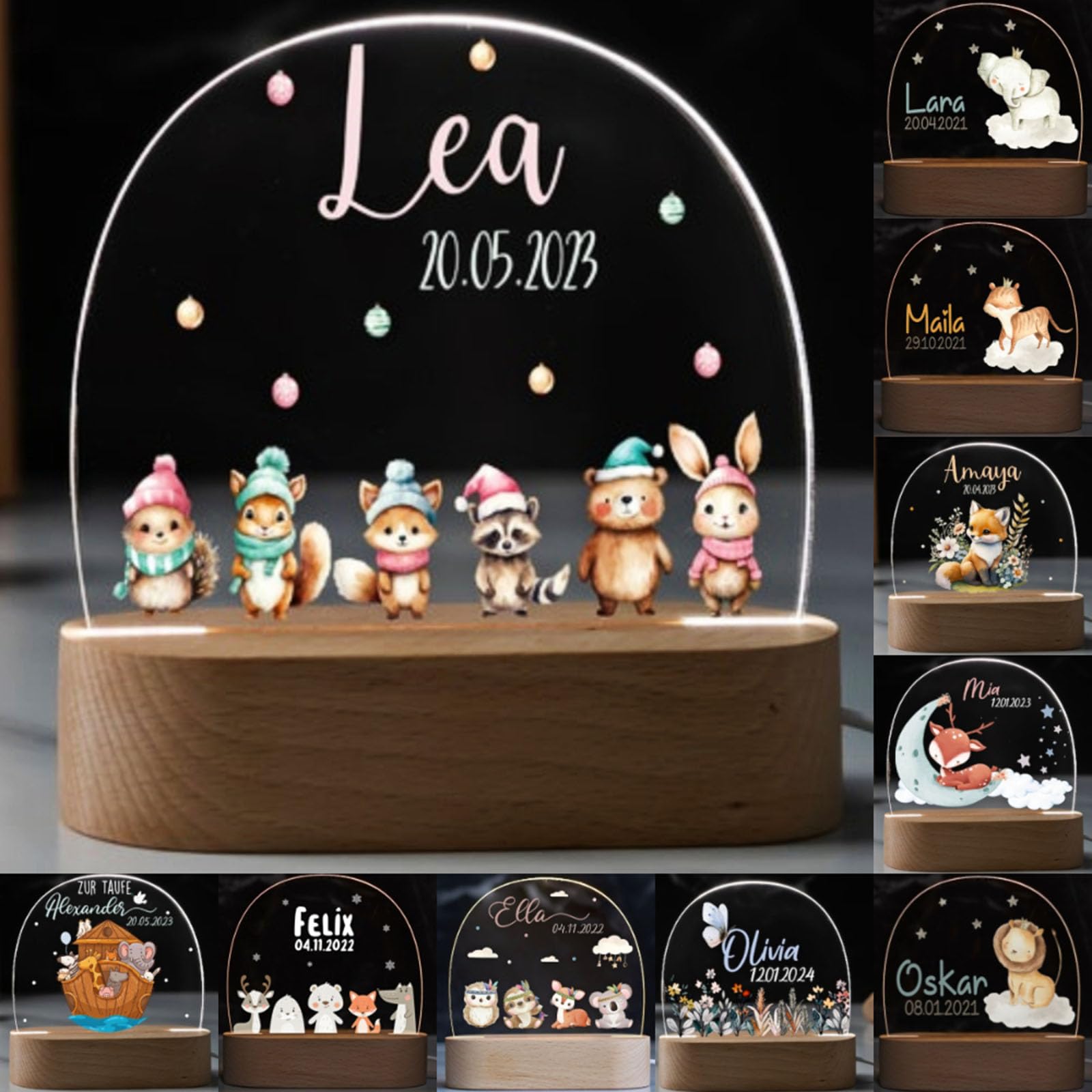 Fallover Personalised Bedroom Night Light with Childs Name, Custom LED Night Light Animals Lamp for Baby Boys Girls Nursery, Birth Gifts for Christening Birthday Christmas Day (Night 25)