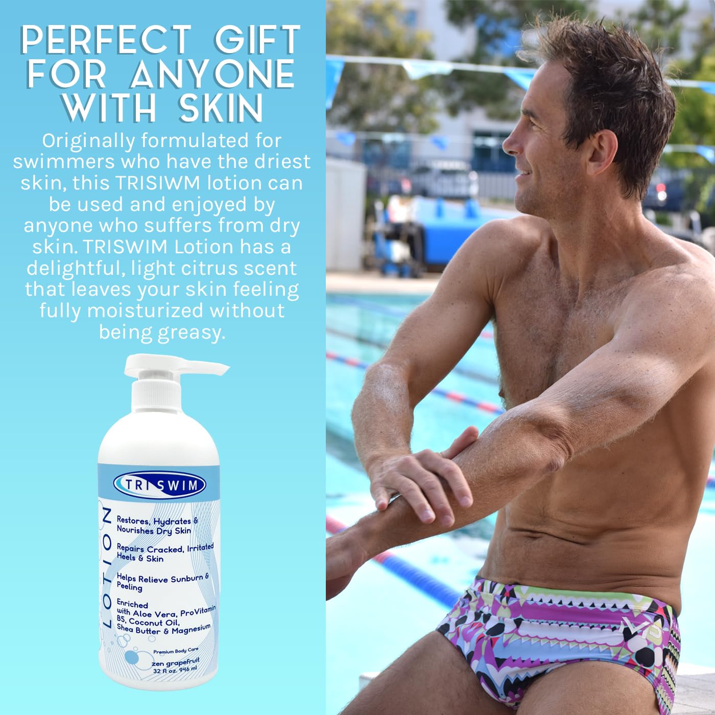 TRISWIM Swim Lotion 32oz | Neutralizes Chlorine, Bromine & Saltwater Odors | Deep Moisturizing Formula for Post-Swim Care | Aloe Vera, Shea Butter & Coconut Oil | Zen Grapefruit Scent