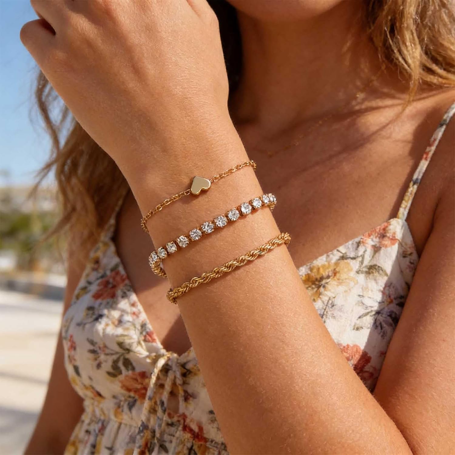 Vintage Cz Tennis Bracelet Gold Rope Chain Bracelet Layered Heart Bracelets Heart Bangle Bracelet Sparkly Cz Bracelet Adjustable Crystal Hand Chain Bracelet Jewelry for Women - Image 2