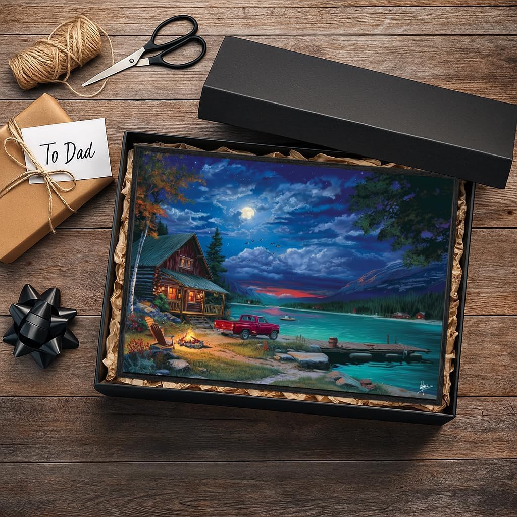 Lakefront Cabin Wall Art – 24x18 Inch Rustic Lake Scene with Vintage Truck & Campfire, Framed Canvas Print (Non-Lighted) for Living Room, Cabin & Farmhouse Home Decor
