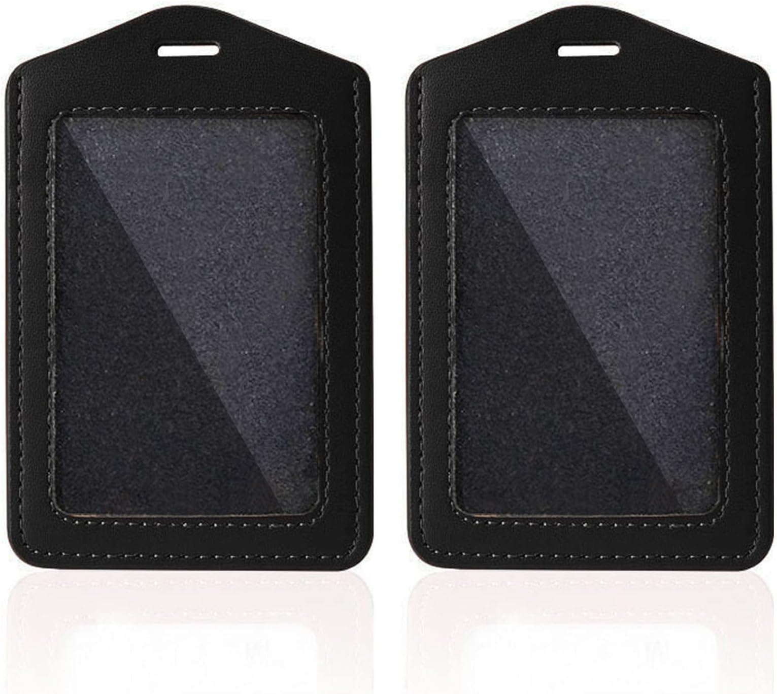 Larpur Pack of 2 Genuine Leather Badge Holders with 1 Clear ID Window, Vertical ID Card Holders for Work, School, Exhibition, Black