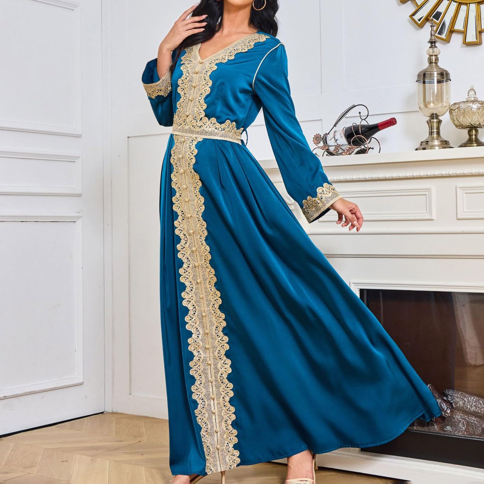 Frauen Langarm Bestickte Arabische Kleid Islam Jilbab Muslimische Damen Herbst Hochzeit Kaftan Robe Tunika Abaya Dubai Abendkleid Muslim Knöchellang Gewand Islamische Kleidung