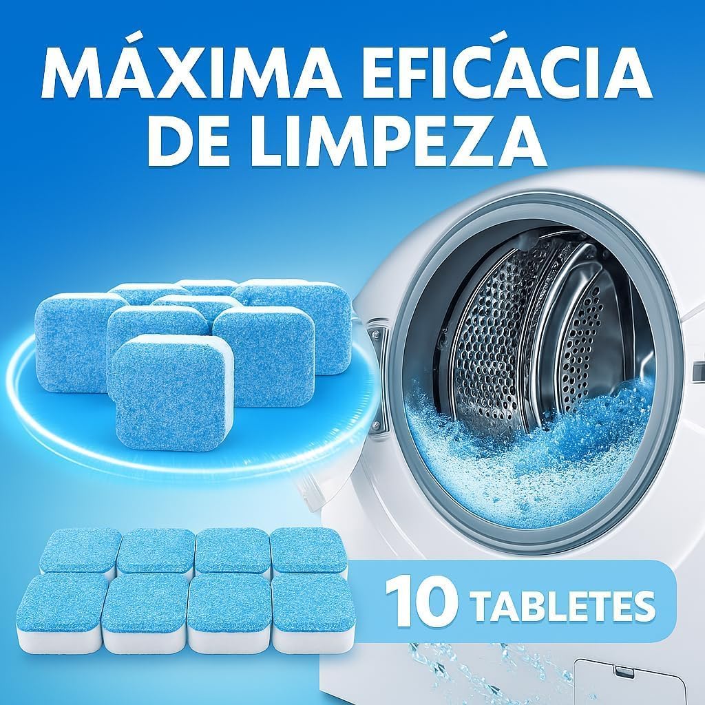 Kit 10 Tabletes de Limpeza para Máquina de Lavar – Limpador Efervescente Potente contra Manchas e Odor