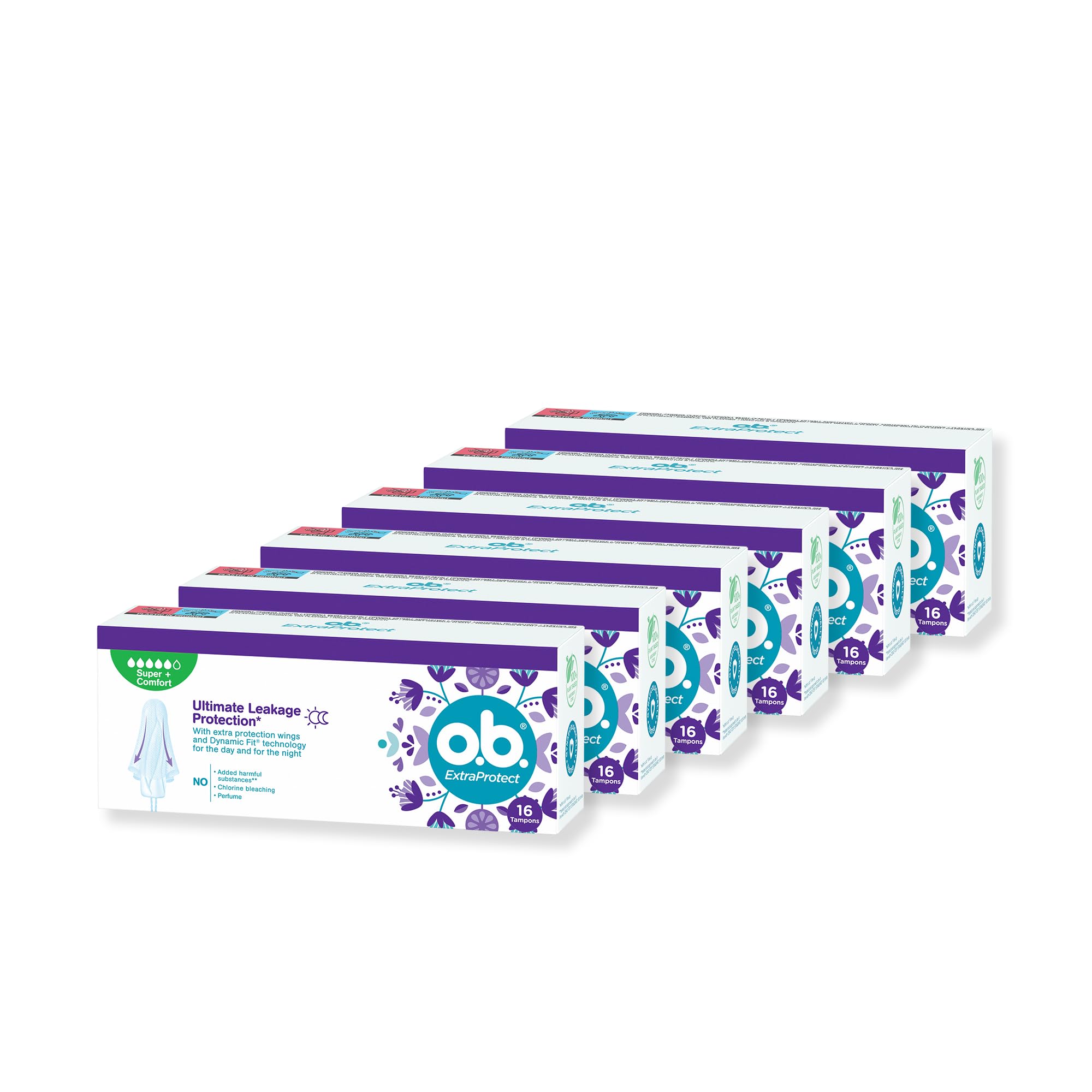 o.b. ExtraProtect Super Plus Tampony Zestaw 5x16 szt., dodatkowe skrzydełka zabezpieczające, do 100% ochrony przed przeciekaniem w dzień i w nocy, na bardzo obfite krwawienie