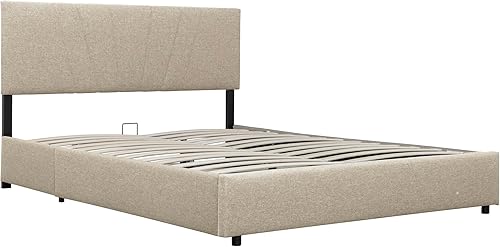 Miniatura 6 de Cama tapizada de plataforma tamaño Queen  Base de cama Queen con cabecera y sistema de almacenamiento hidráulico, base de colchón de soporte de