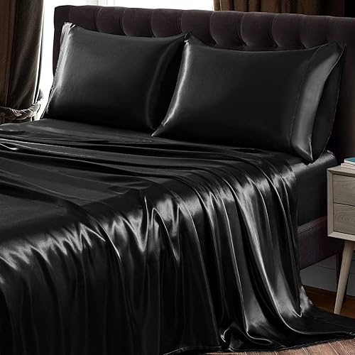 SiinvdaBZX 4Pcs Satin Sheet Set California King Size Ultra Silky Soft Black Satin Bed Sheets with Deep Pocket, 1 Fitted Sheet, 1 Flat Sheet, 2 Envelope Closure Pillowcases