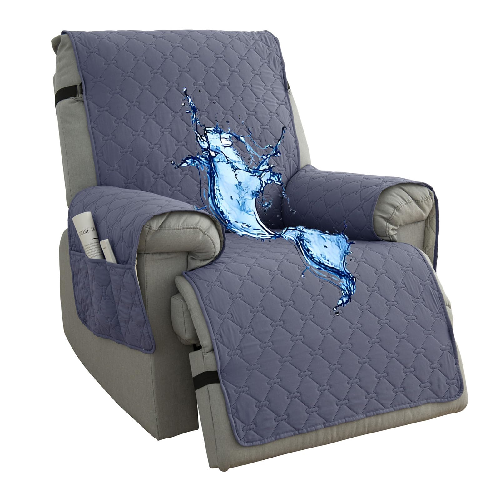 Copripoltrona Relax Reclinabile 1 Posto Impermeabile, Copri Poltrona Elettrica Antiscivolo Universale, Antigraffio Fodera Poltrona Laterali con Tasche (Blu Grigio,25 x 91 inch)