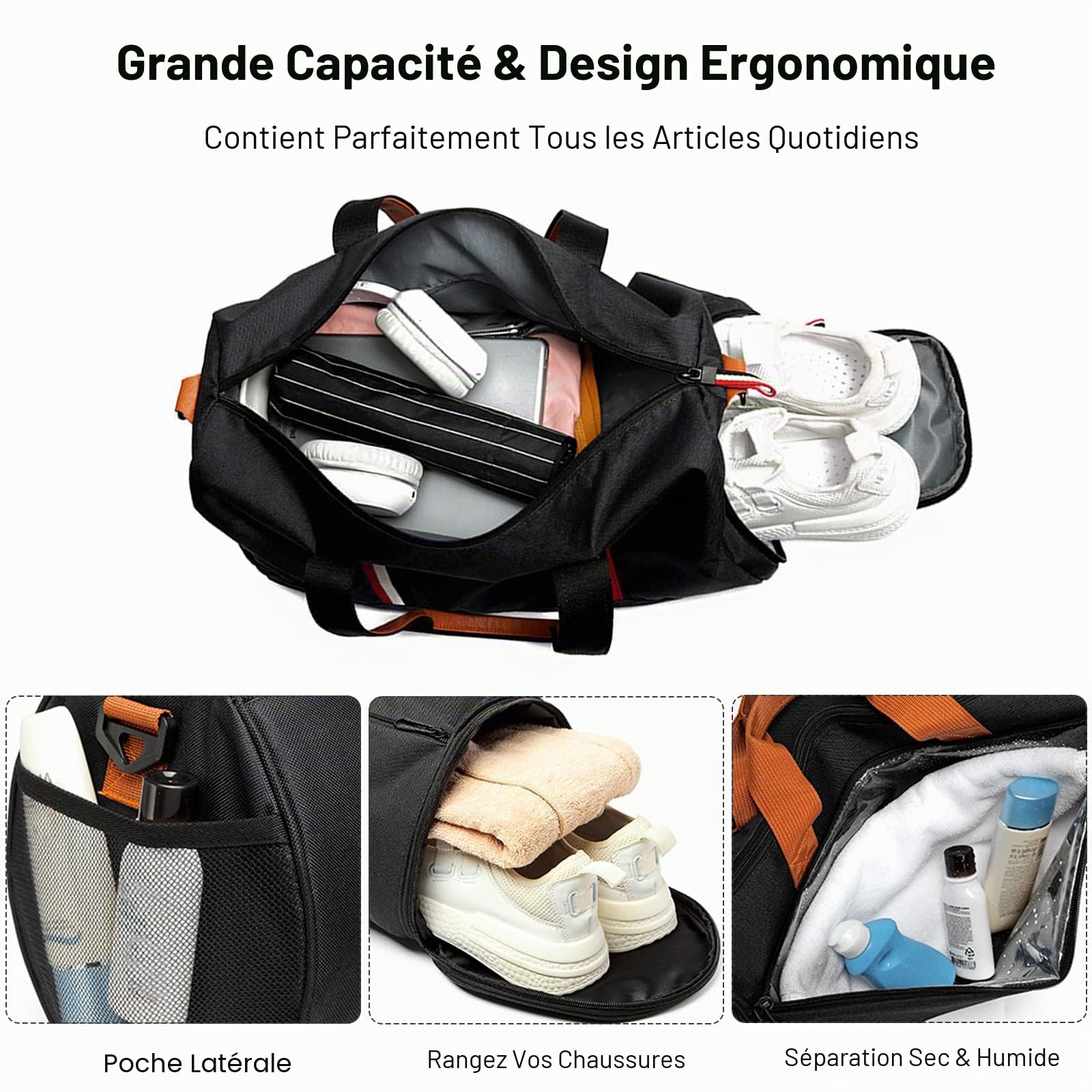 FANDARE Sacs de Voyage Femme Homme Sacs de Sport Cabas de Fitness Sacs de Sport Grand Format Sac à Main Sac à Dos Weekend Voyage Grande capacité Sacs polochons avec Compartiment à Chaussures Noir A