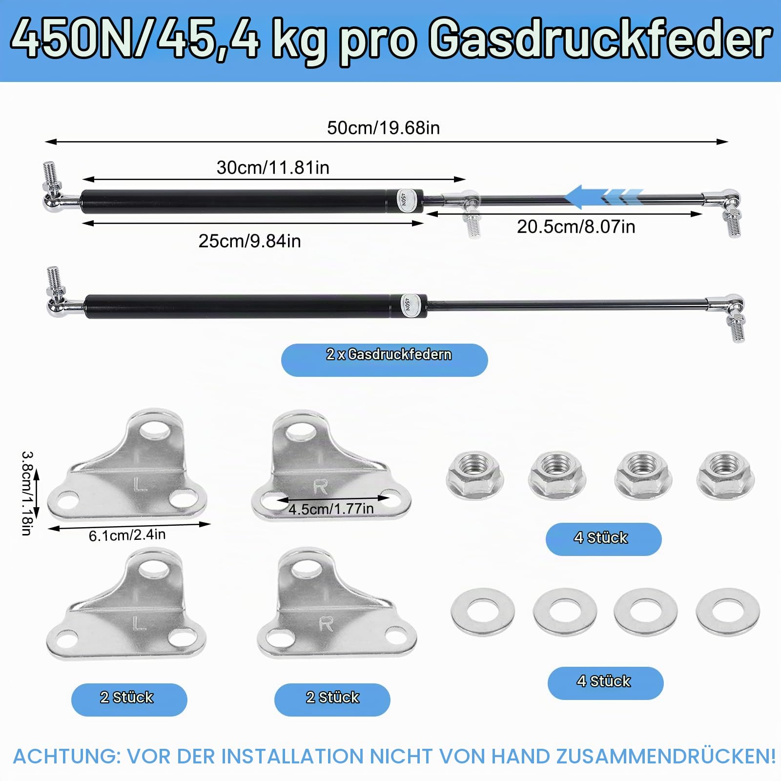 2 Stück Gasdruckfeder, Universal Schwerlast L-Typ Gasfeder Hydraulische Gasdruckdämpfer, Struts Shocks für Schwere Schranktüren, Kastendeckel, Anhänger Falltür (50cm 450N)