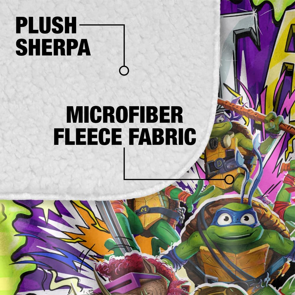 Teenage Mutant Ninja Turtles: Mutant Mayhem Blanket, 50"x60" Turtle Vs Baddies Silky Touch Sherpa Back Super Soft Throw Blanket