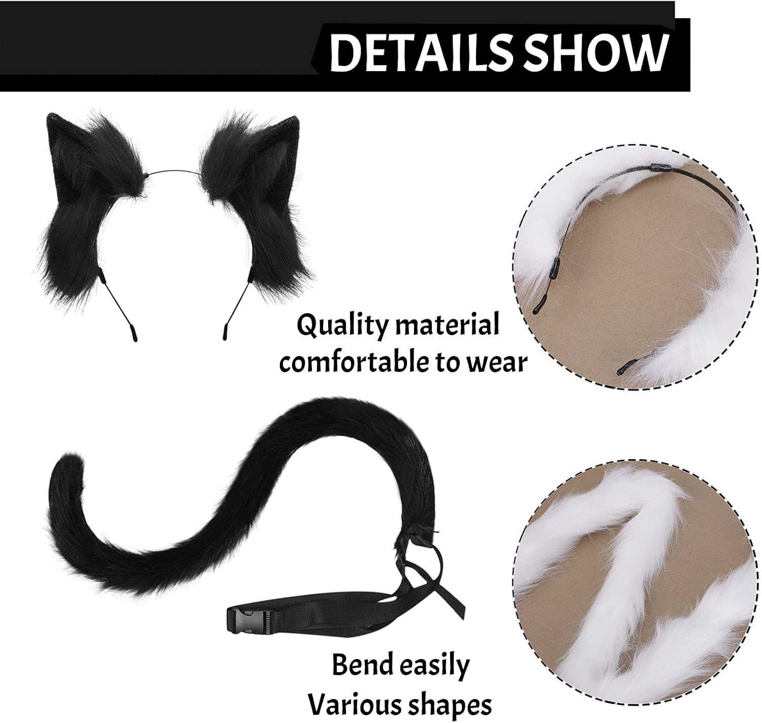 Furry Cat Ear Hairband Set - Faux Fur Animal Ear Hair Clip Kit - Cosplay Hair Hoop - Long Tail - Adjustable Waist Belt image 2