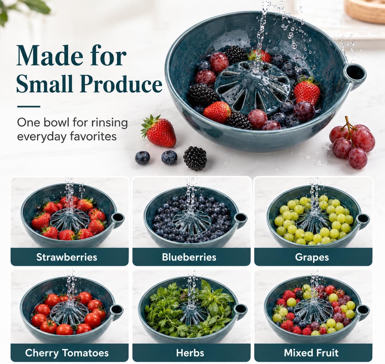 wowsome Self-Spinning Ceramic Berry Rinse Bowl with Drainage Holes