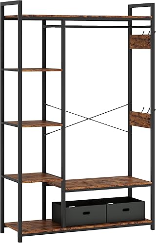 Miniatura 8 de Organizador de armario de pie con caja de almacenamiento y gancho lateral perchero portátil con 6 estantes resistentes y barra para colgar estantes