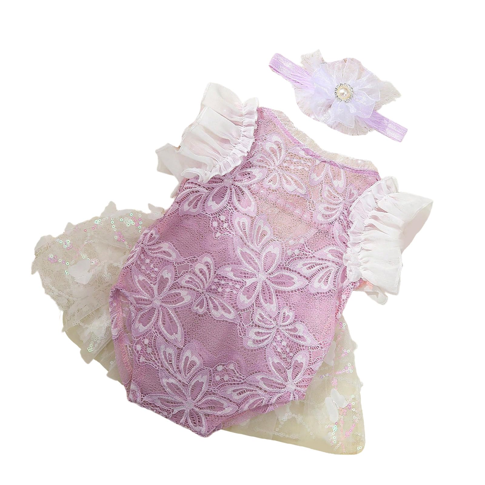 Hsioluted Photo Props Outfit Knit Lace Romper and Stretchy Headband Newborn Portrait Studio Costume for Infants Photography Essential Baby Girls Photography Gift Set