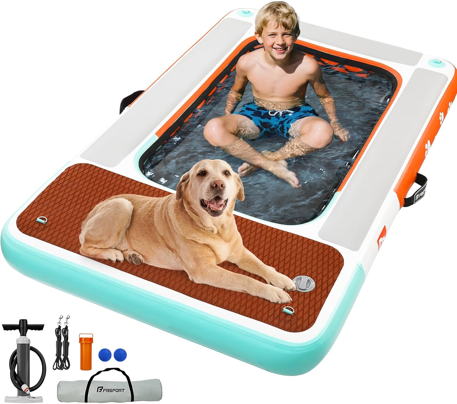 fbsport dog pool float, inflatable dog float for pool, lakes, boats and sea, non-slip eva floating dock platform for up to 396lbs 67x39"