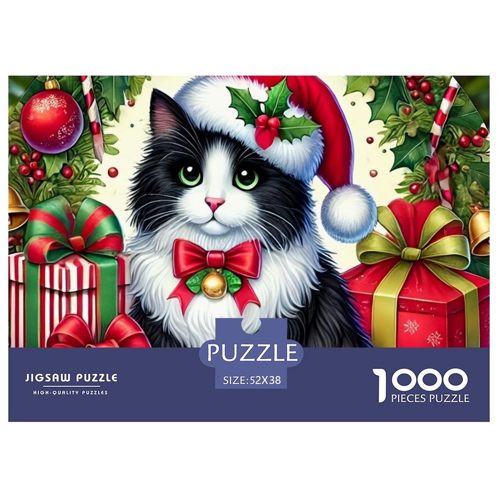 Christmas Cat Jigsaw Puzzle 1000 Piece -Black White Cat Santa Hat Puzzles for Adults Gifts Recycled Paper Educational Game Decompression52x38cm/1000pcs
