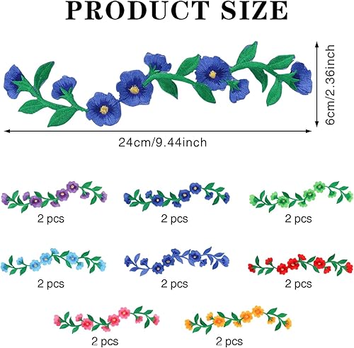 Miniatura 2 de BENOSPACE 16 parches bordados de flores largas con flores de peonía, parches para planchar con apliques bordados de plantas, parches de costura para