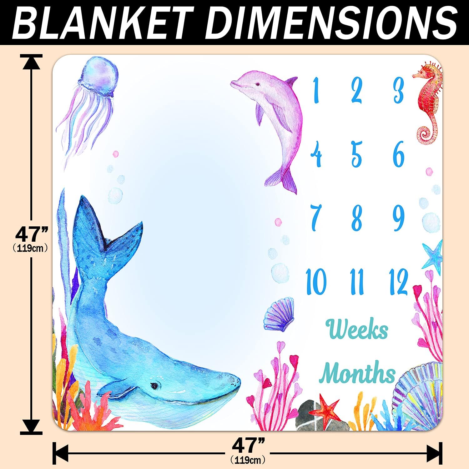Under The Sea Baby Monthly Milestone Blanket, Blue Whale Purple Dolphin Jellyfish Seahorse, Newborns 1 to 12 Months Unisex Include 4 Frames and 1 Headband 47"x47"BTLSPH538