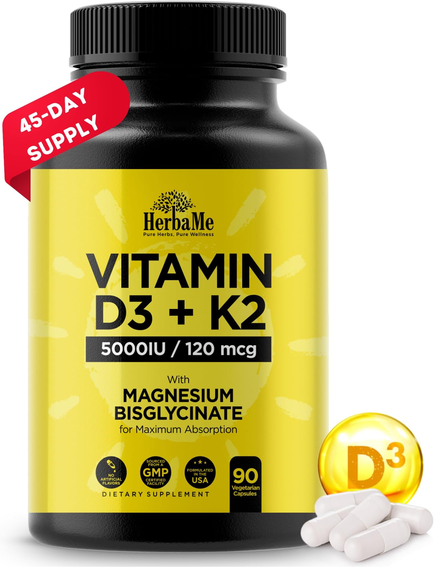 HerbaMe Vitamin D3 5000 IU + K2 with Magnesium Bisglycinate for Max Absorption | 90 Capsules | Immune Support | Promotes Heart, Bone and Muscle Health
