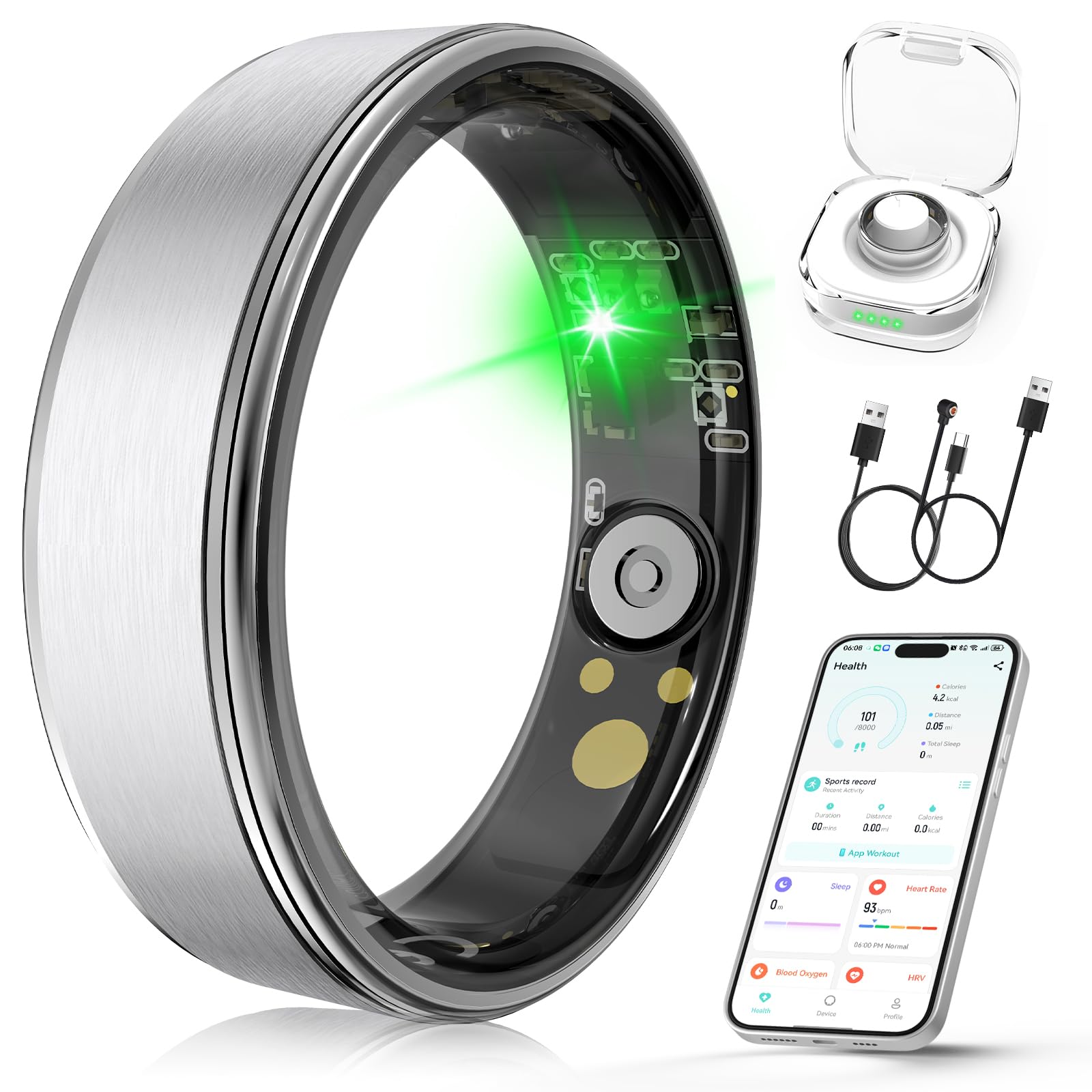Smart Ring for Women Men, Health Fitness Tracker Ring with Sleep Monitoring/Heart Rate/Blood Oxygen/HRV/Stress/Calorie/Steps, IP68 Waterproof for iOS & Android, No APP Fees(Silver, 08#)