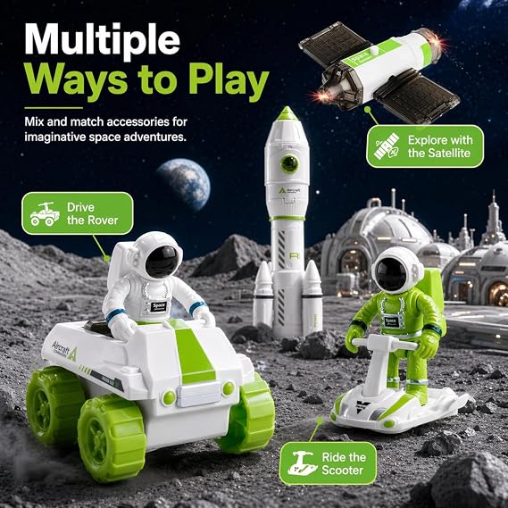 Space Rocket Toy Set for Kids 3-5 with Lights & Sound, STEM Launch Set with Rocket, Astronaut Toy, Satellite, Moon Rover, Pretend Play Space Exploration Toys, Birthday Gift for Kids