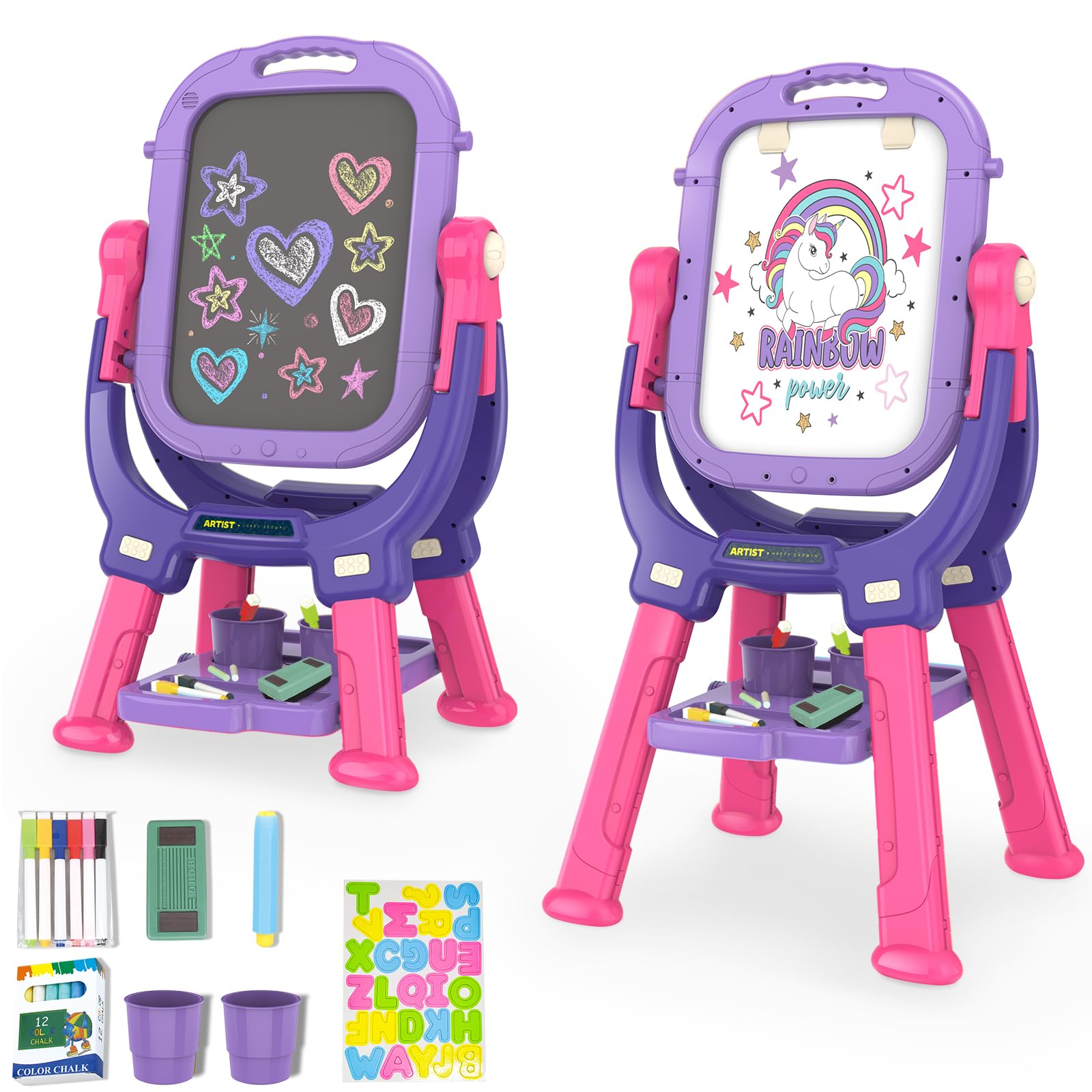 Victostar Easel for Kids, Rotatable Double Sided Art Easel with Magnetic White Board & Chalkboard, Adjustable Standing Toddler Easel with Drawing & Writing Accessories,Gifts for Girls and Boys
