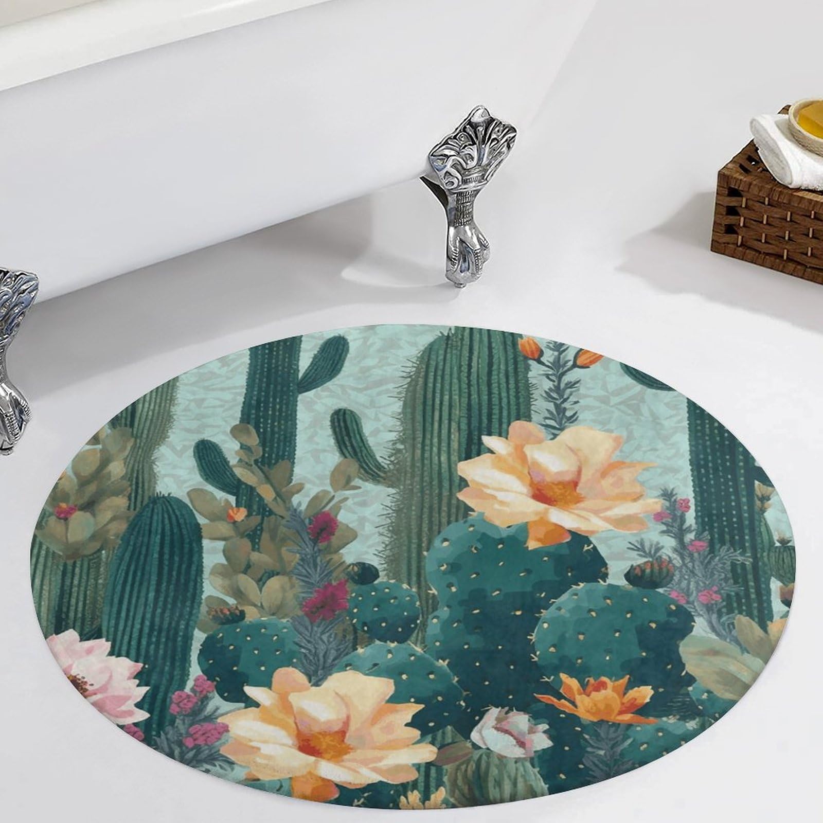Tapis de bain absorbant et antidérapant rond 80 cm motif cactus