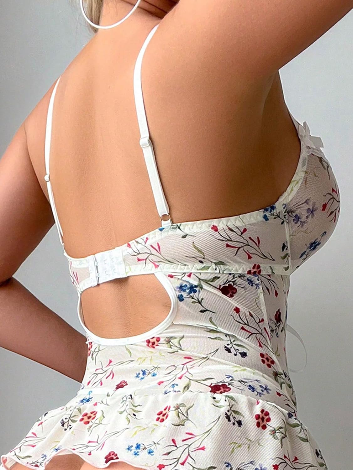 Sexy Rave Mesh Corset Ruffle Lace Up Sheer Underwire Garter Belt Lingerie Set 3 Piece Women - Image 2