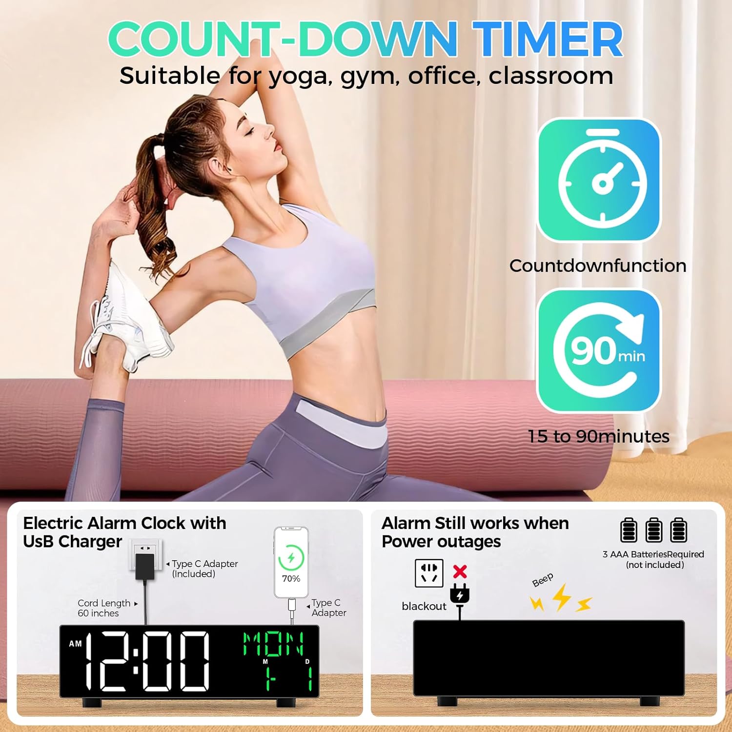 Digital Clock, Digital Wall Clock for Living Room Decor, Large Display with Date Temperature & Week, Auto Dimmable LED for Bedroom, Living Room, Office, Electric Plug in with Adjustable Alarm, DST