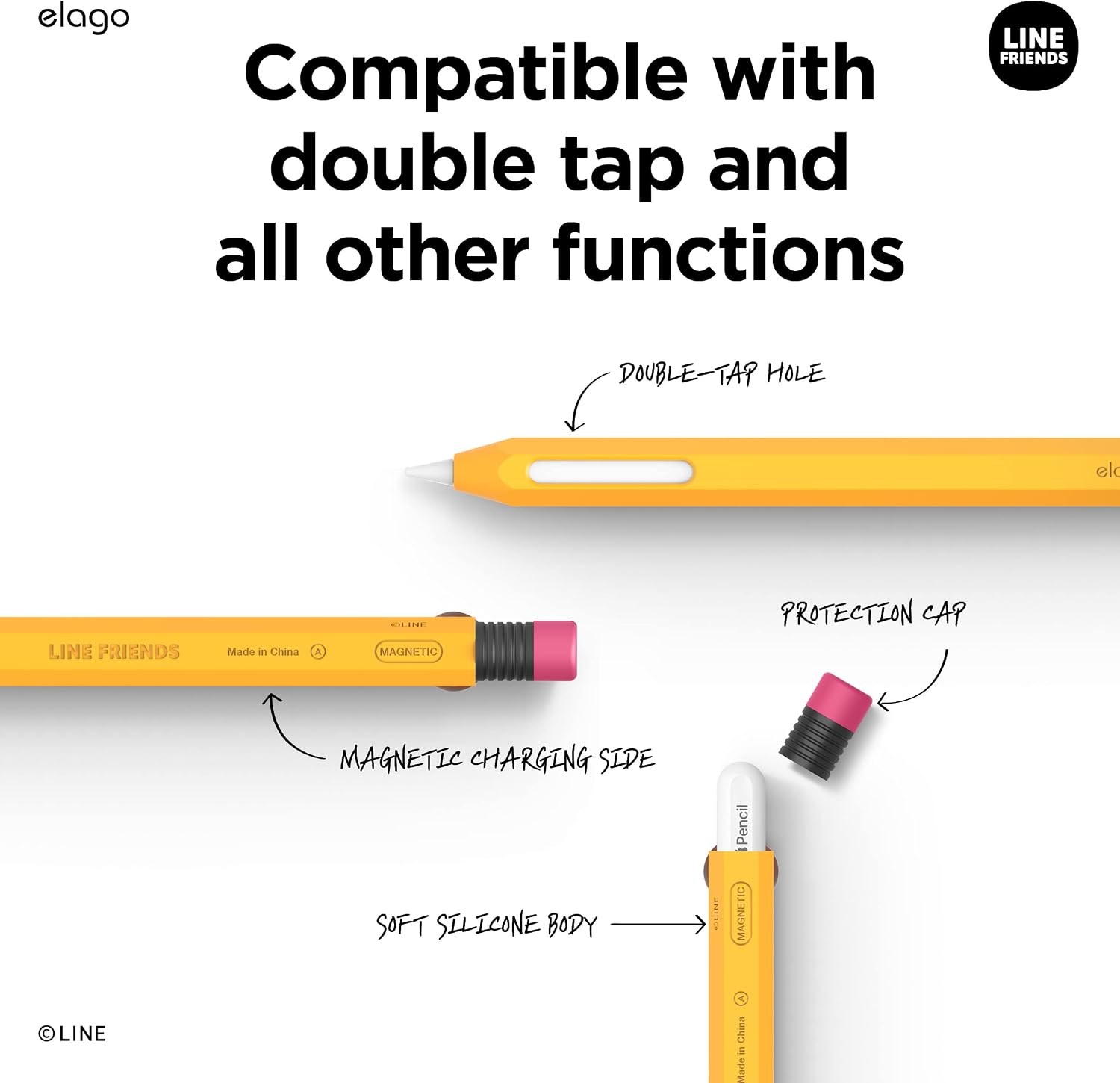 elago | LINE Friends Classic Pencil Case Compatible with Apple Pencil 2nd Generation, Durable Silicone Cover, Protective Holder, Compatible with Magnetic Charging and Double Tap [Brown]