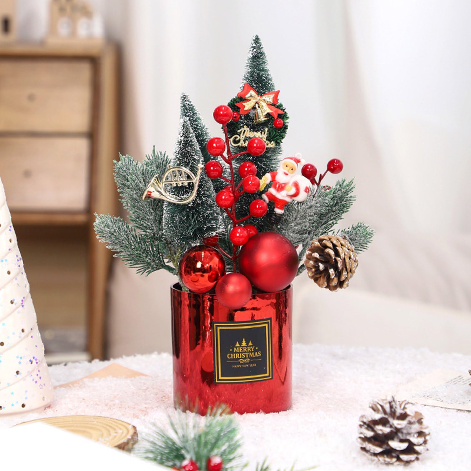 Mini Albero Di Natale Artificiale Da Tavolo 35,5 Cm - Con Bacche Rosse, Pigne, Quadri Buffalo Plaid, Decorazione Scrivania